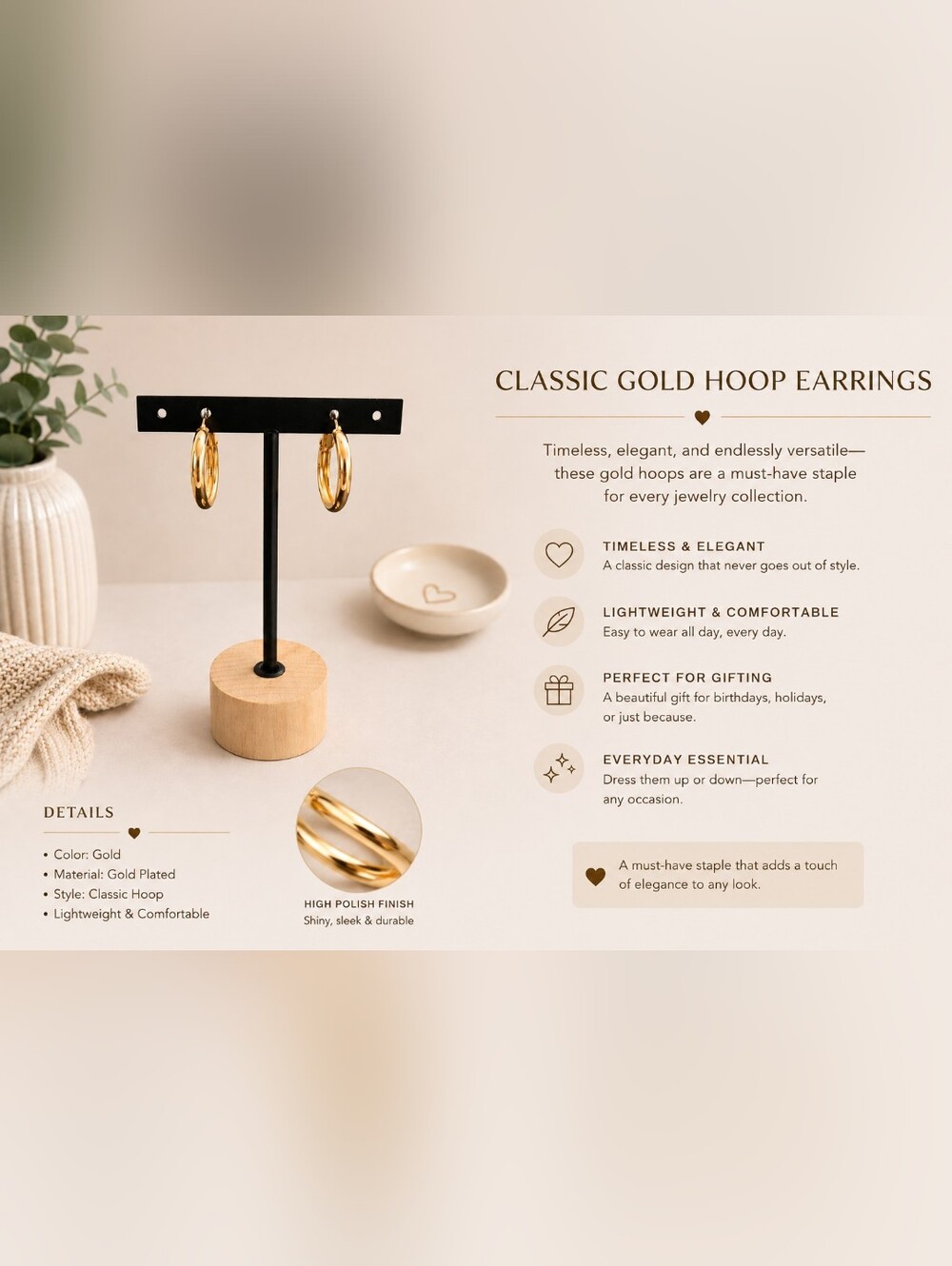 Classic Gold Hoop Earrings for Women - Polished Gold Finish - Picture 4 of 5